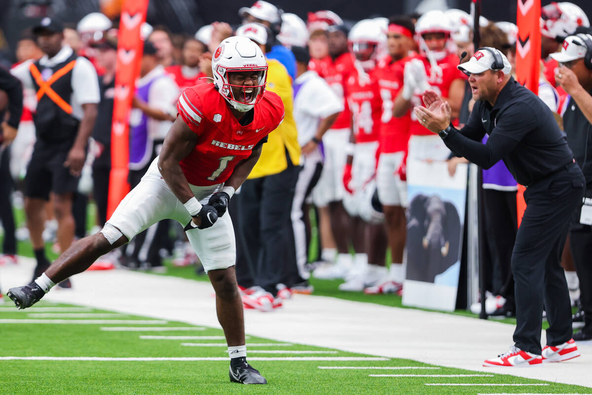 UNLV defensive back Jalen Catalon (1) celebrates a tackle during an NCAA football game between ...