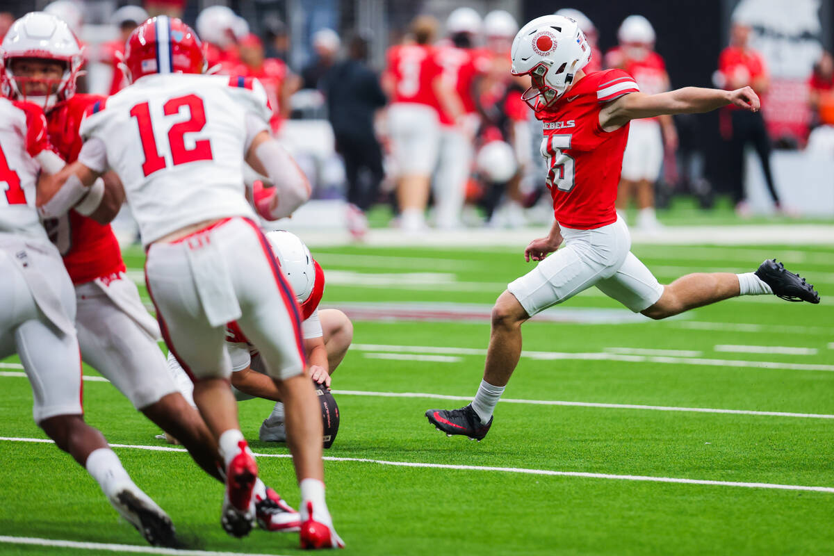 UNLV place kicker Caden Chittenden (45) kicks a conversion during an NCAA football game between ...