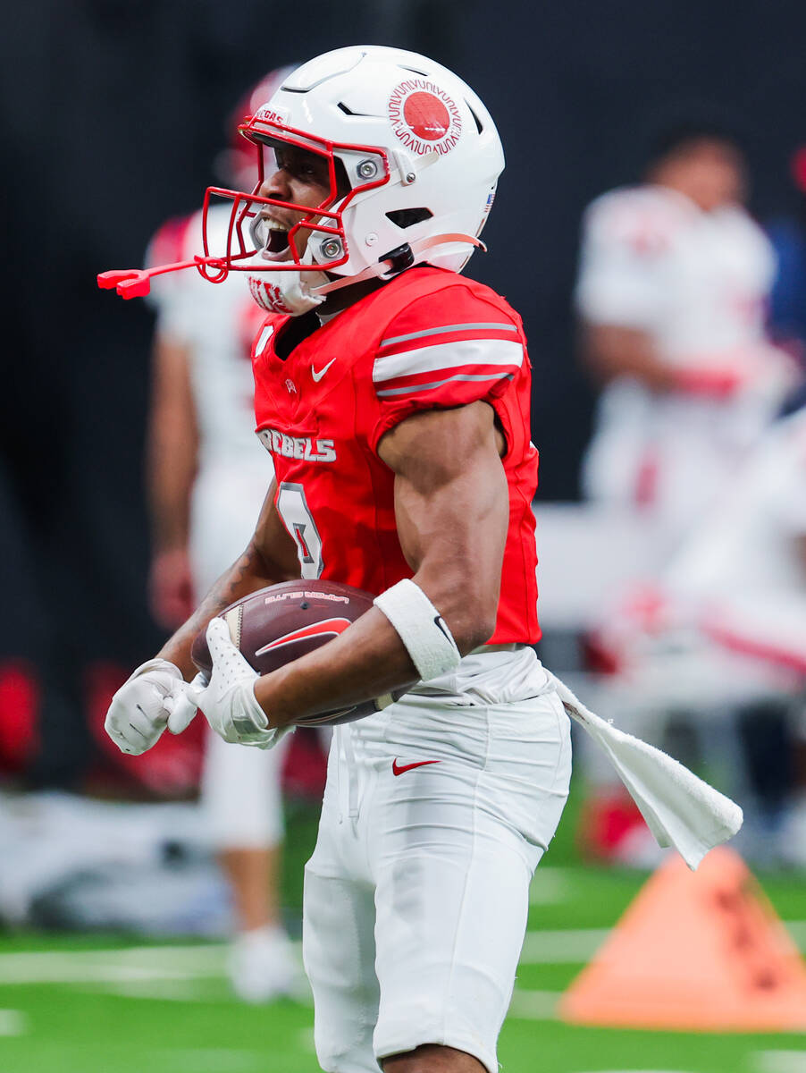 UNLV wide receiver Timothy Conerly (8) celebrates during an NCAA football game between UNLV and ...