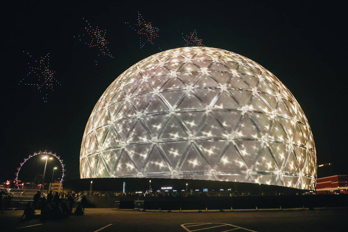 Drones light up above the Sphere on Thursday, July 4, 2024, in Las Vegas. Madeline Carter/Las V ...