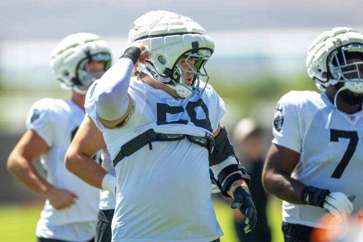 Raiders guard Jackson Powers-Johnson (58) readies for a drill during practice at the Intermount ...