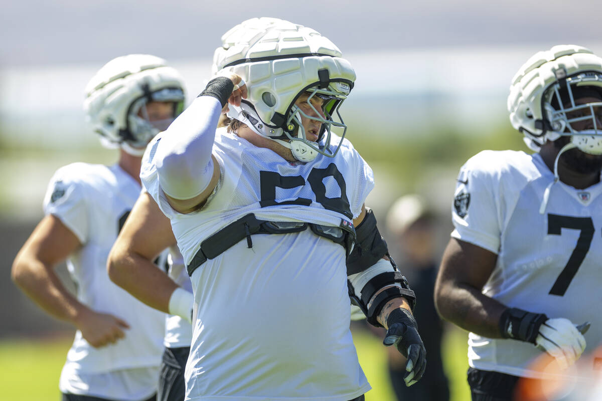 Raiders guard Jackson Powers-Johnson (58) readies for a drill during practice at the Intermount ...