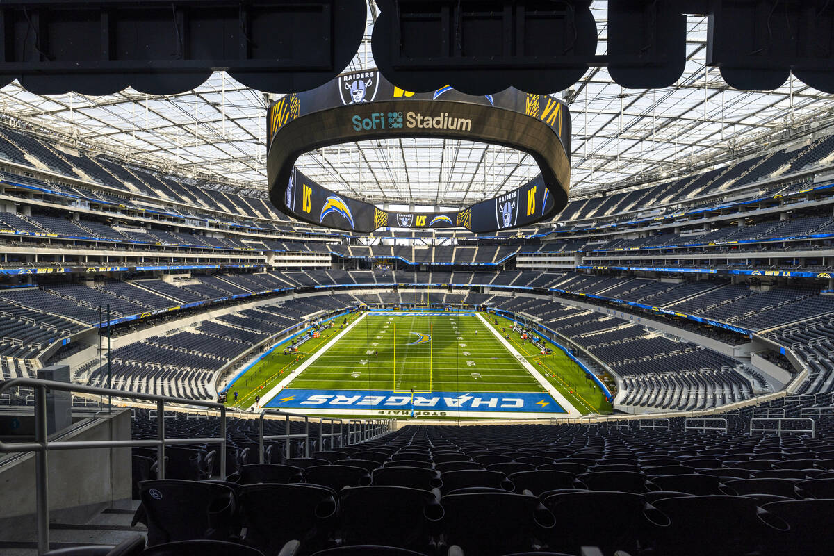 The field is empty before the Raiders face the Los Angeles Chargers in an NFL game at SoFi Stad ...