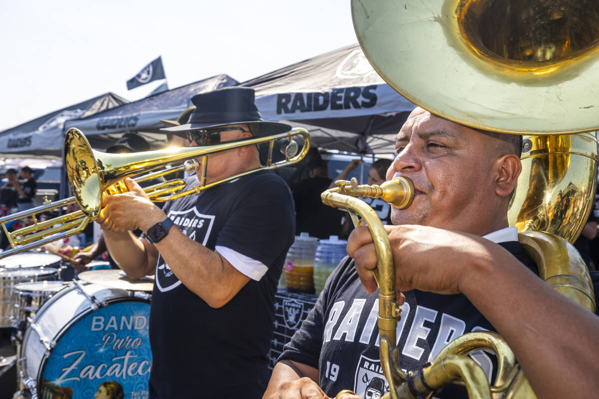 Members of Banda Puro Zacatecas play in the tailgate area before the Raiders face the Los Angel ...