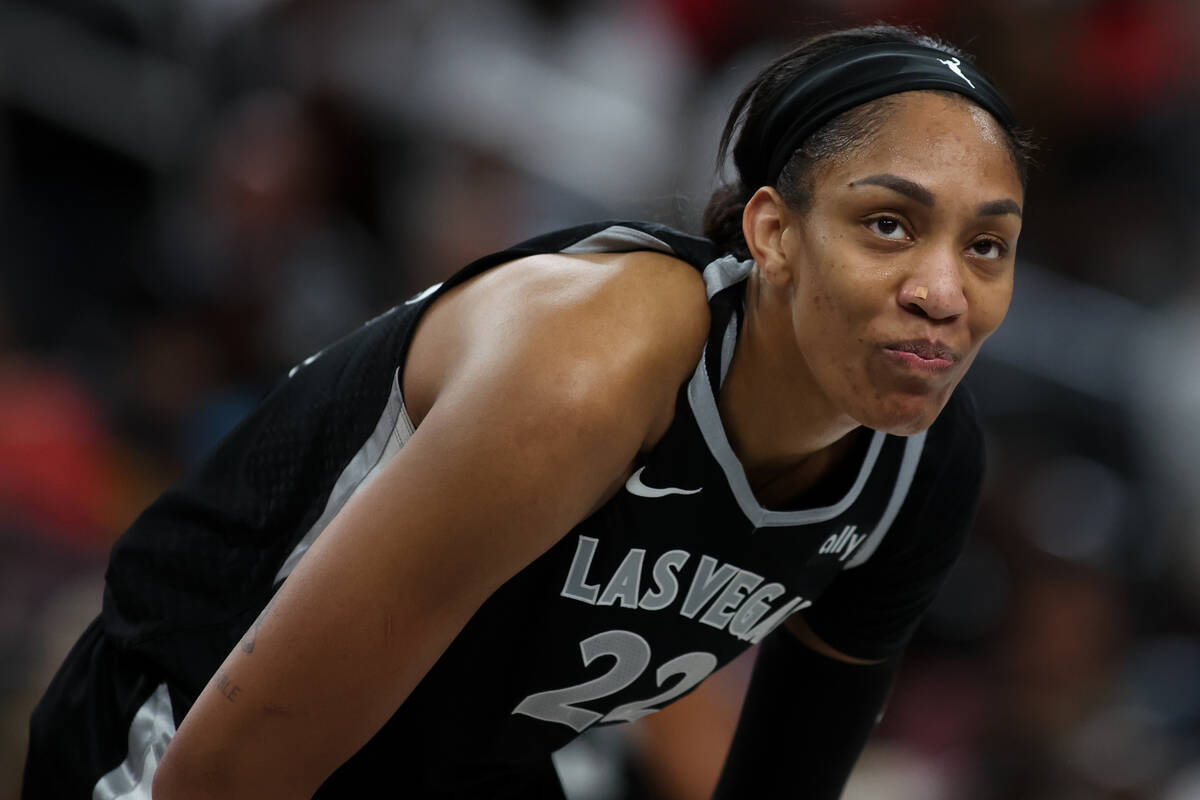 Las Vegas Aces center A'ja Wilson (22) looks to the basket while her team shoots a free throw d ...