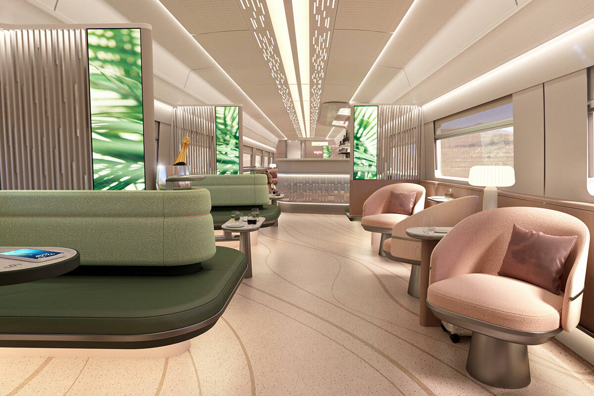 A rendering of the interior of a party car of a Siemens Mobility American Pioneer 220 train, wh ...