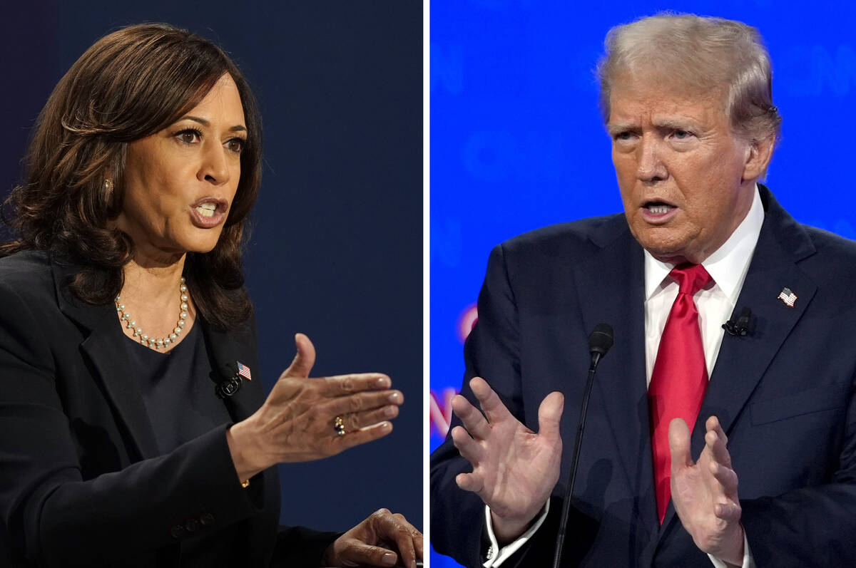 In this combination photo, Democratic vice presidential candidate Sen. Kamala Harris, D-Calif., ...