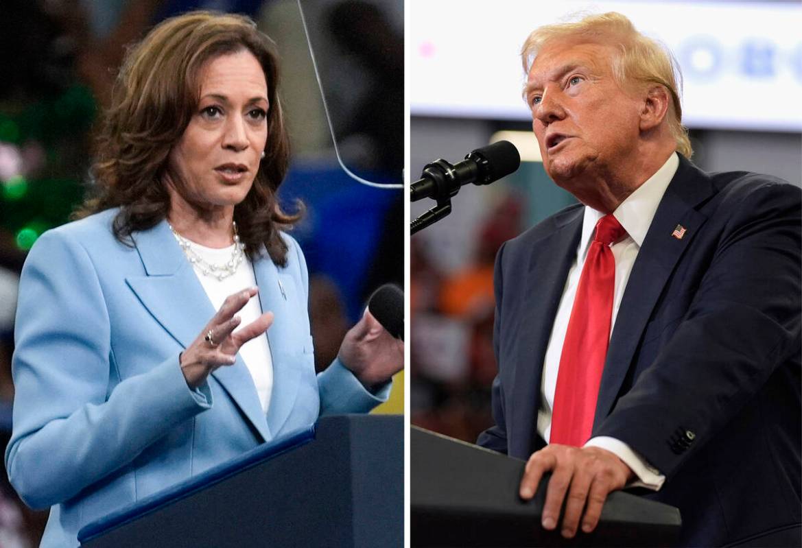 This combination of photos taken at campaign rallies in Atlanta shows Vice President Kamala Har ...