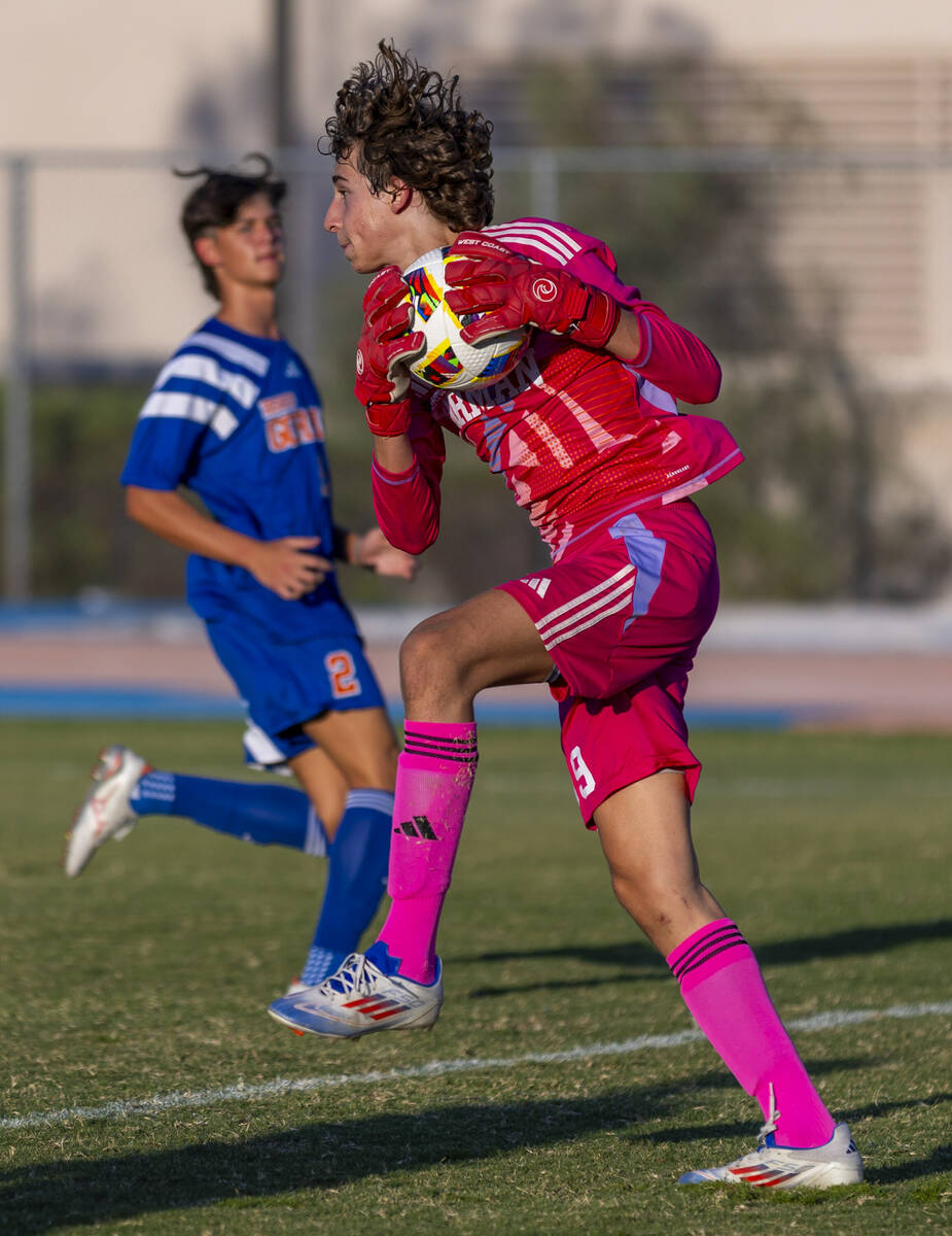 Bishop Gorman goalkeeper Chase Cosenza (99) makes a save against Coronado during the first half ...