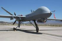 A MQ-9 Reaper unmanned aerial vehicle is shown on the flight line at Creech Air Force Base Mond ...