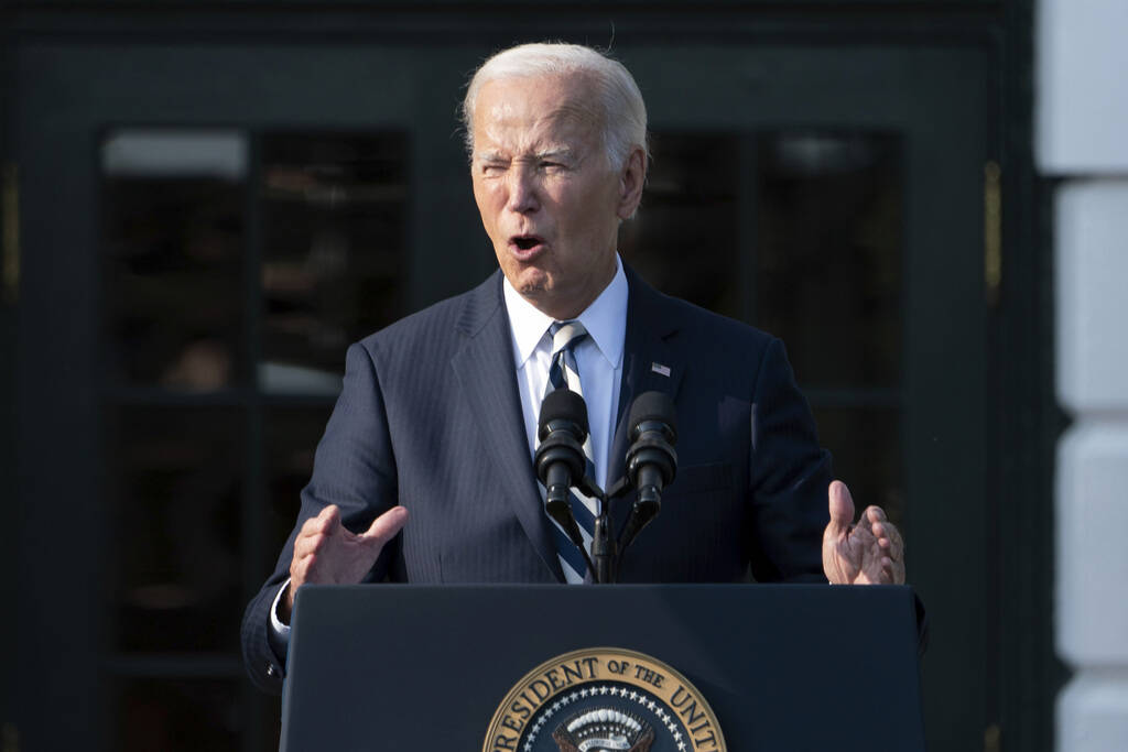 President Joe Biden speaks on the South Lawn of the White House in Washington, Monday, Sept. 9, ...