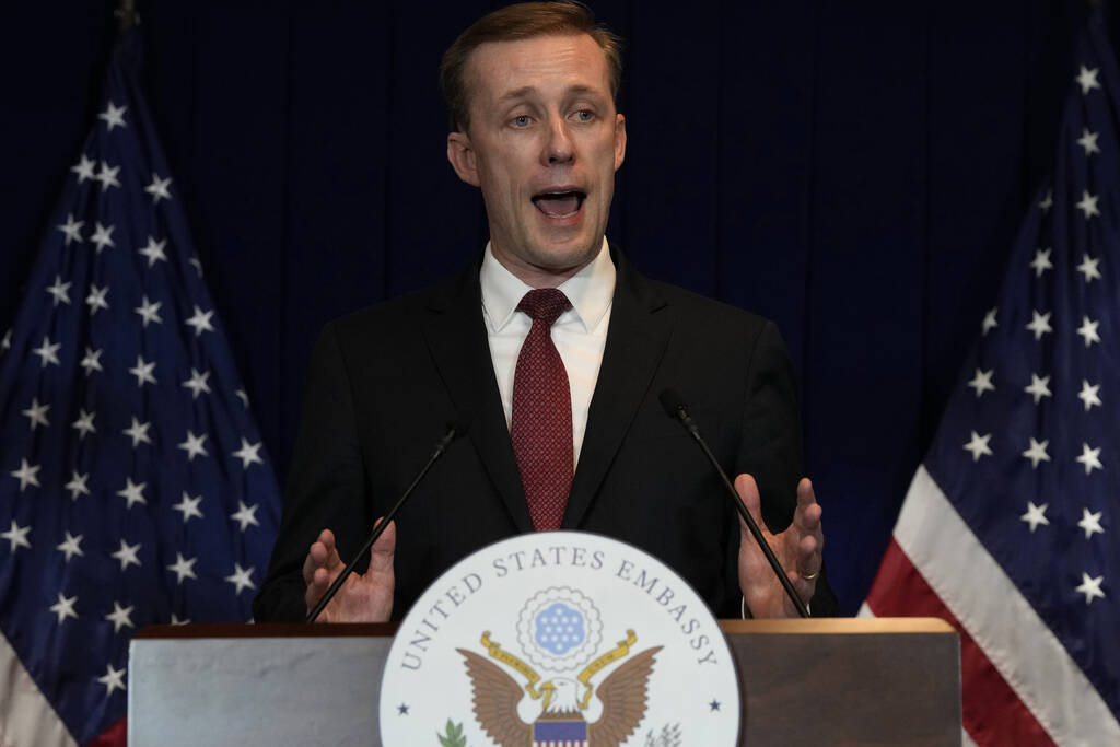 White House national security adviser Jake Sullivan speaks during a press conference at the end ...