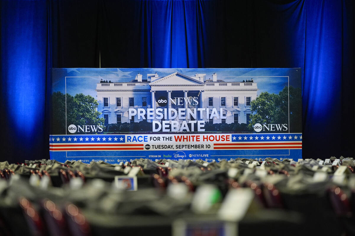 Signage at the media filing center ahead of the presidential debate between Republican presiden ...