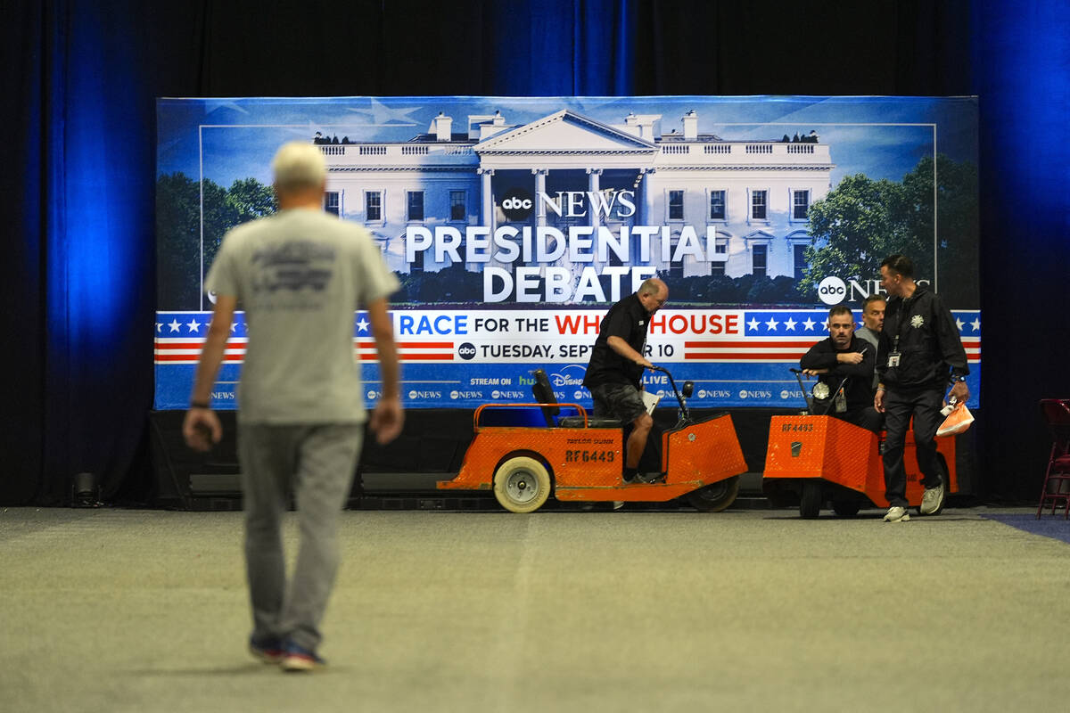 Signage at the media filing center ahead of the presidential debate between Republican presiden ...