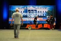 Signage at the media filing center ahead of the presidential debate between Republican presiden ...