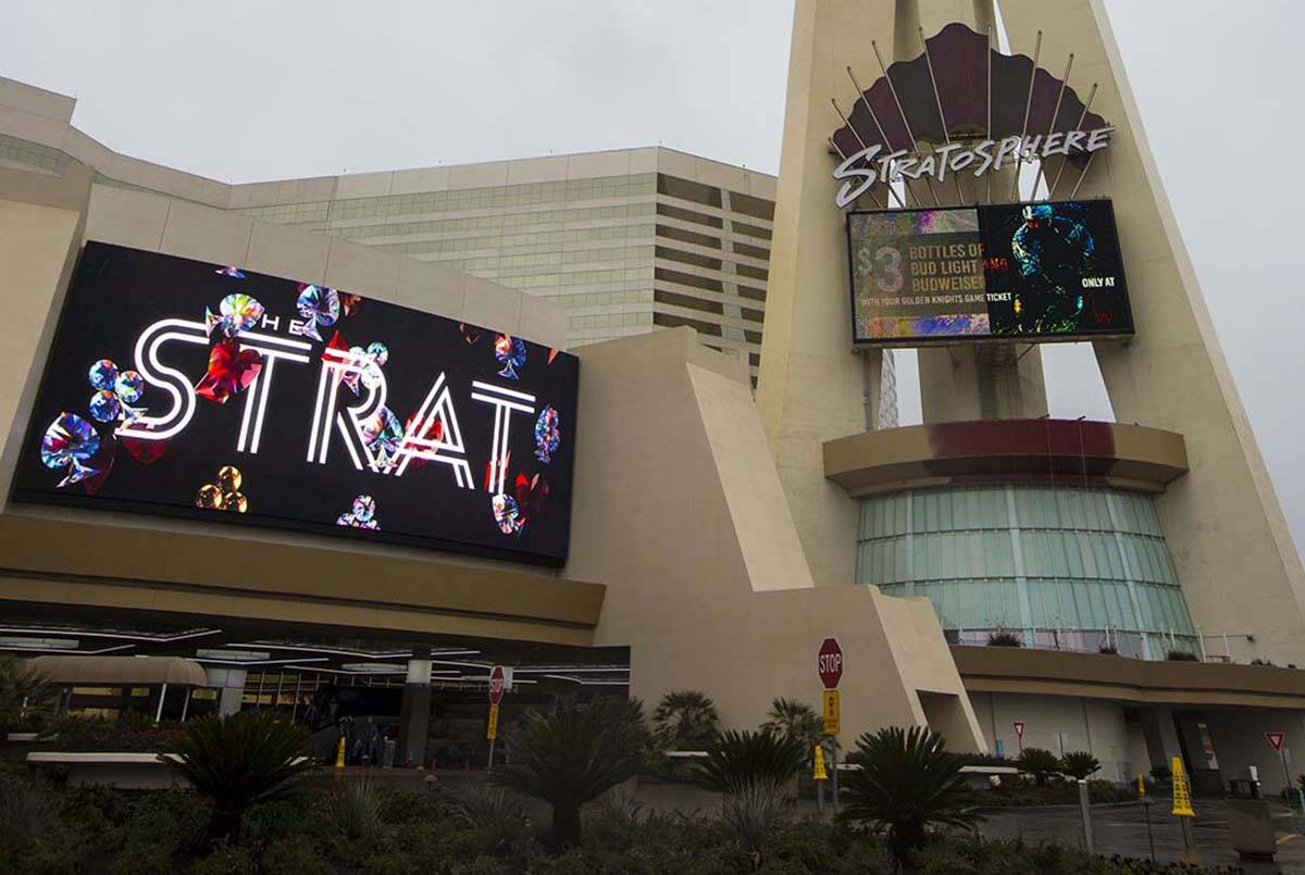 A view of the Stratosphere, now known as the The Strat, as clouds and fog cover the Las Vegas V ...