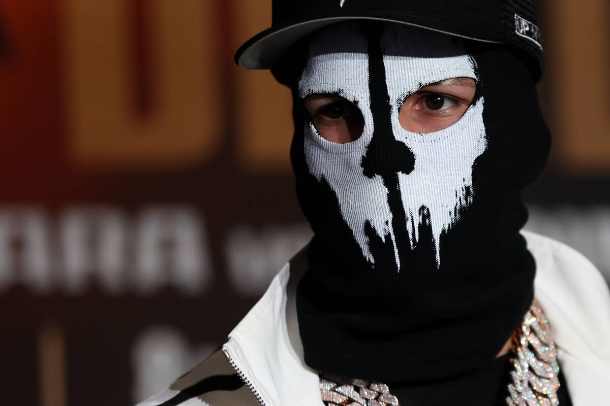 Edgar Berlanga poses on stage during his arrival to MGM Grand ahead of his super middleweight t ...