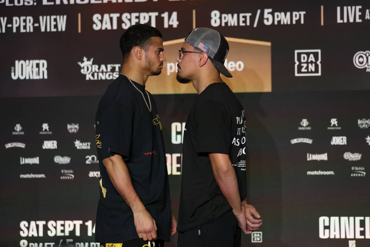 Manuel Jaimes, left, and Rolando Romero face off ahead of their super lightweight boxing bout a ...