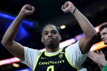 Oregon Ducks guard Keeshawn Barthelemy (9) cheers as his team is winning during the second half ...