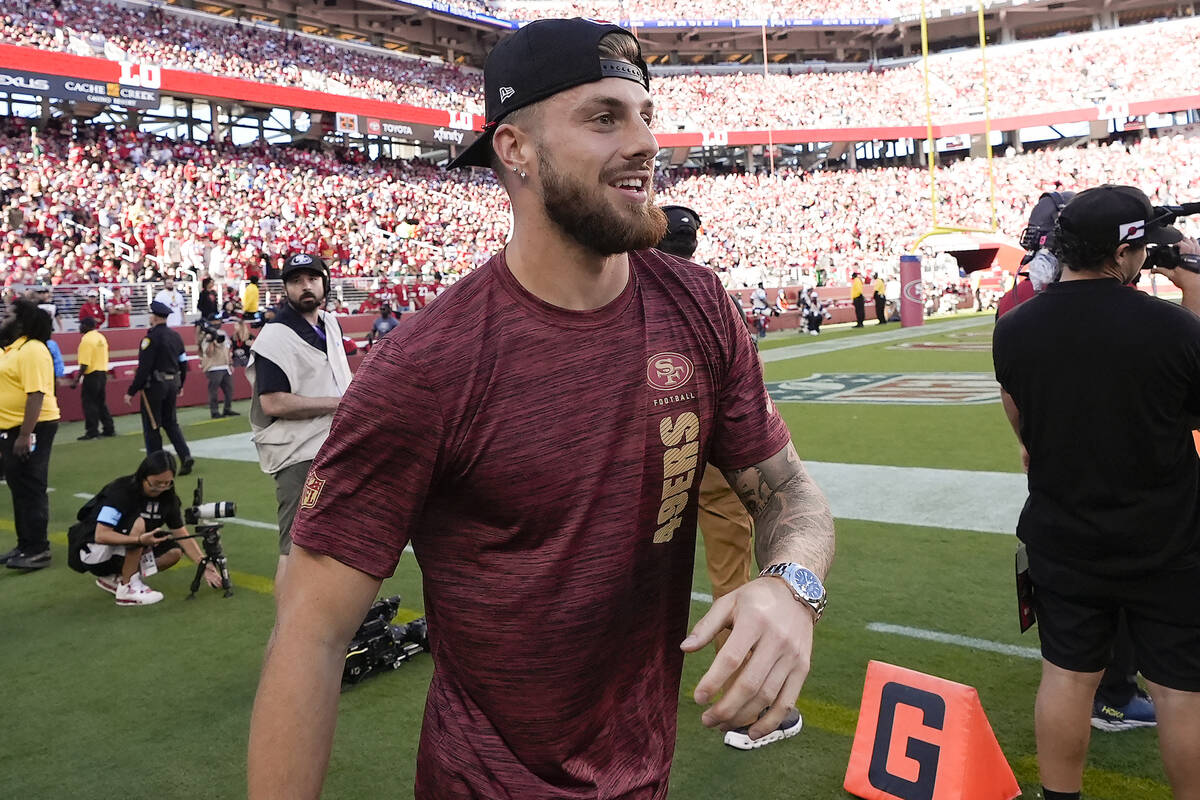 San Francisco 49ers wide receiver Ricky Pearsall walks on the field during an NFL football game ...