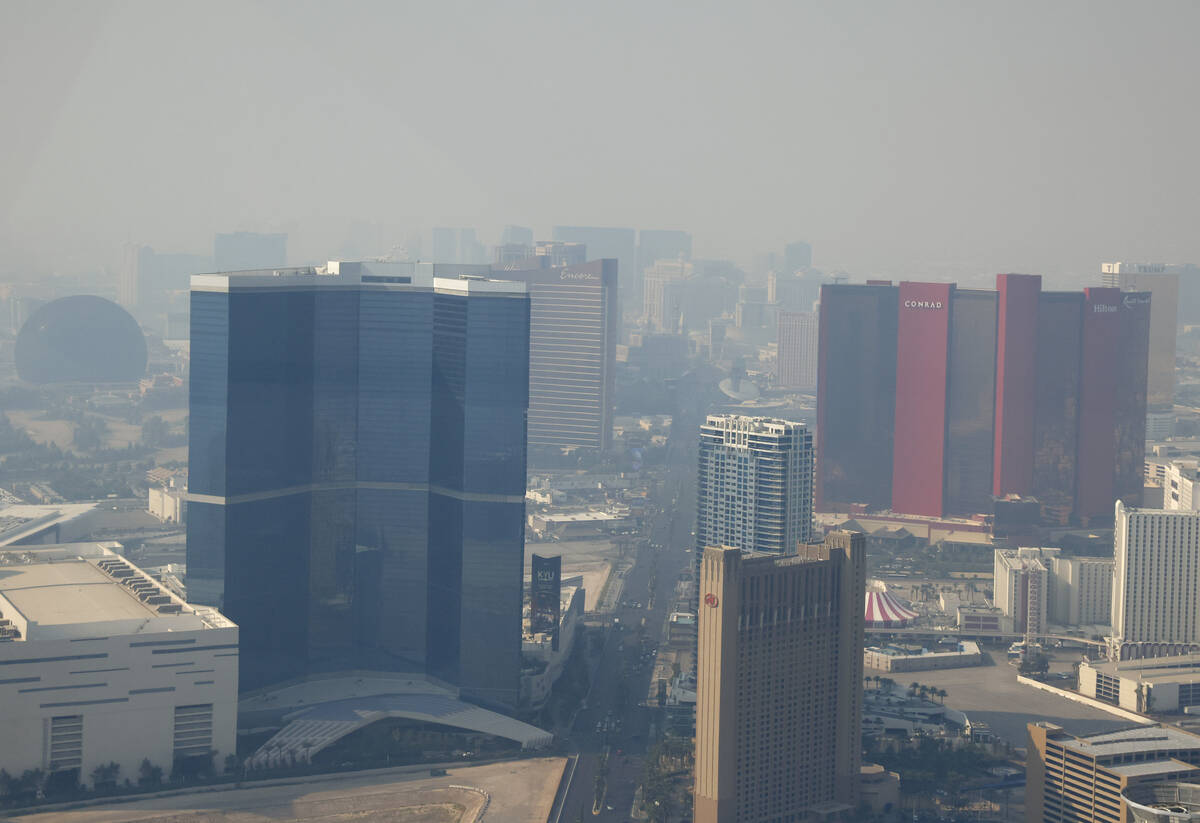 Smoke from wildfires burning in Southern California is seen in the skies above Las Vegas, on We ...