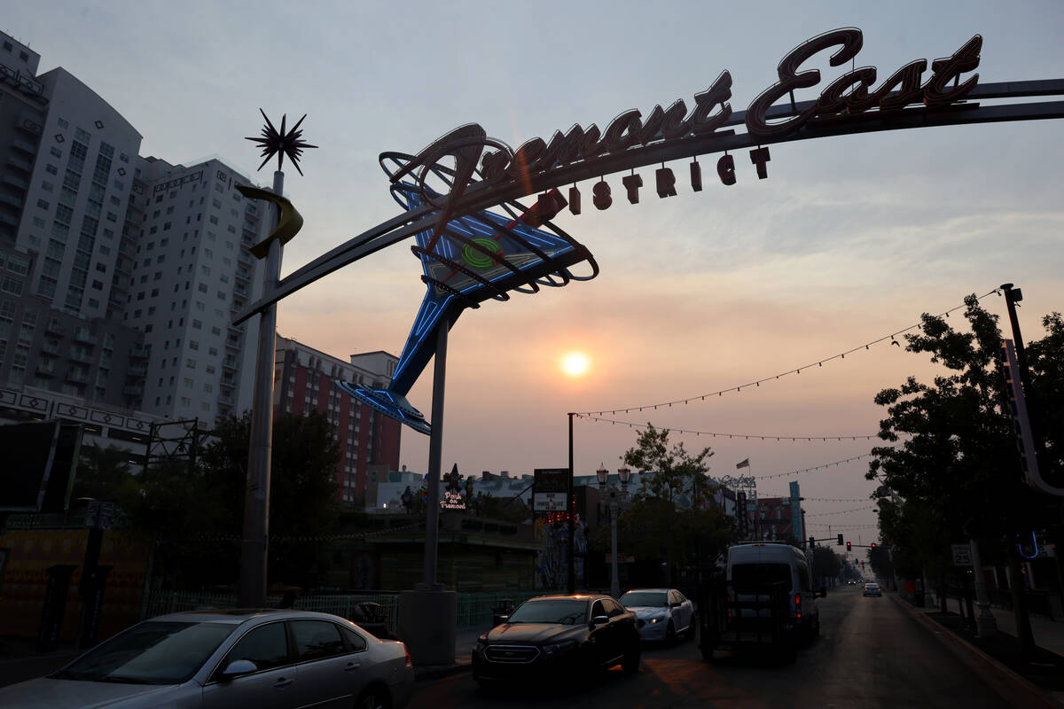 Smoke from wildfires burning in Southern California is seen in the skies above downtown Las Veg ...