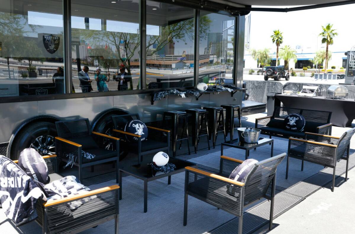 Raiders premium tailgate space, stationed outside of Allegiant Stadium, is seen, on Thursday, J ...