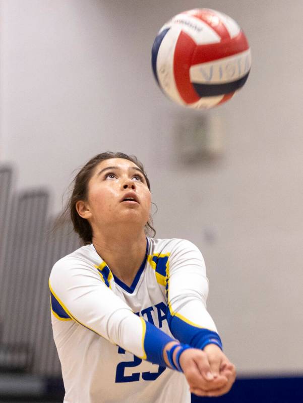 Sierra Vista senior Angelina DeGrange (23) competes during the high school volleyball game agai ...