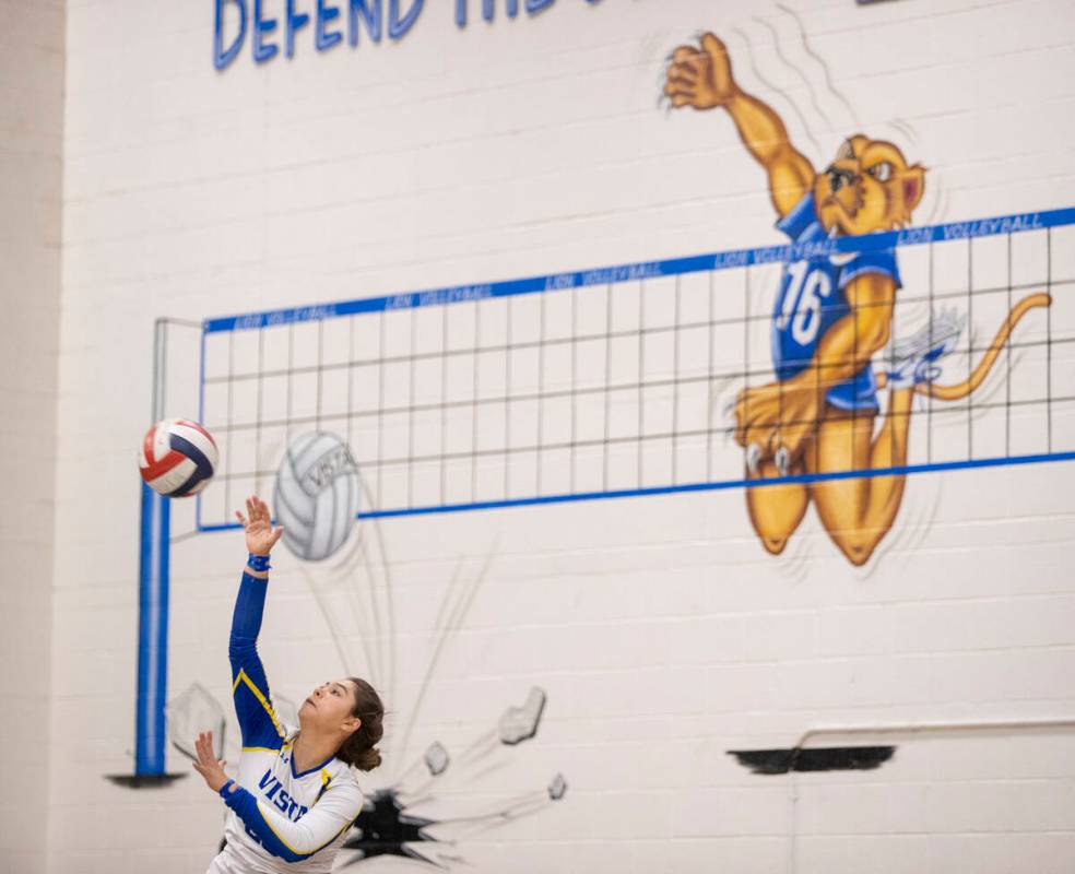 Sierra Vista senior Angelina DeGrange (23) serves the ball during the high school volleyball ga ...