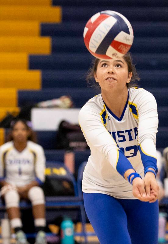 Sierra Vista senior Angelina DeGrange (23) competes during the high school volleyball game agai ...