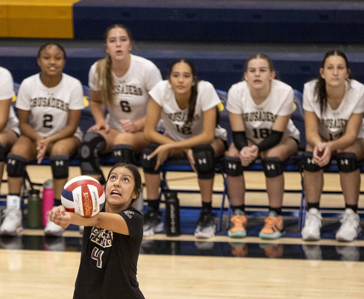 Faith Lutheran junior Leah Hernandez (4) competes during the high school volleyball game agains ...