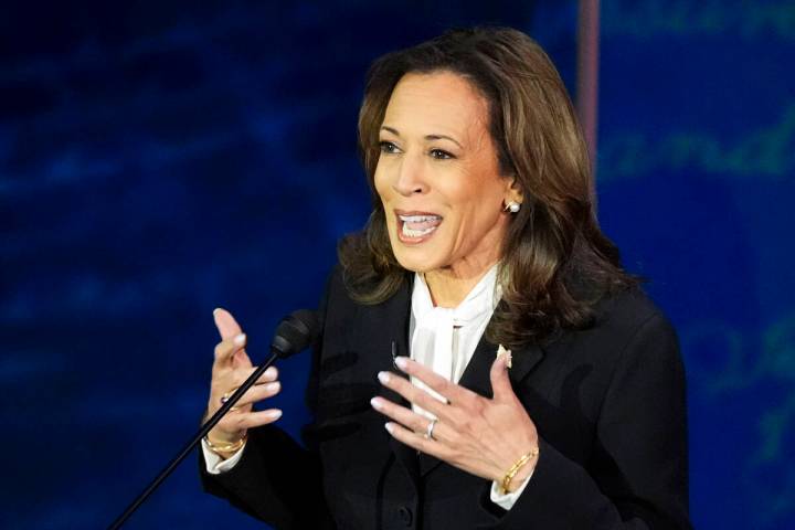 Democratic presidential nominee Vice President Kamala Harris speaks during a presidential debat ...