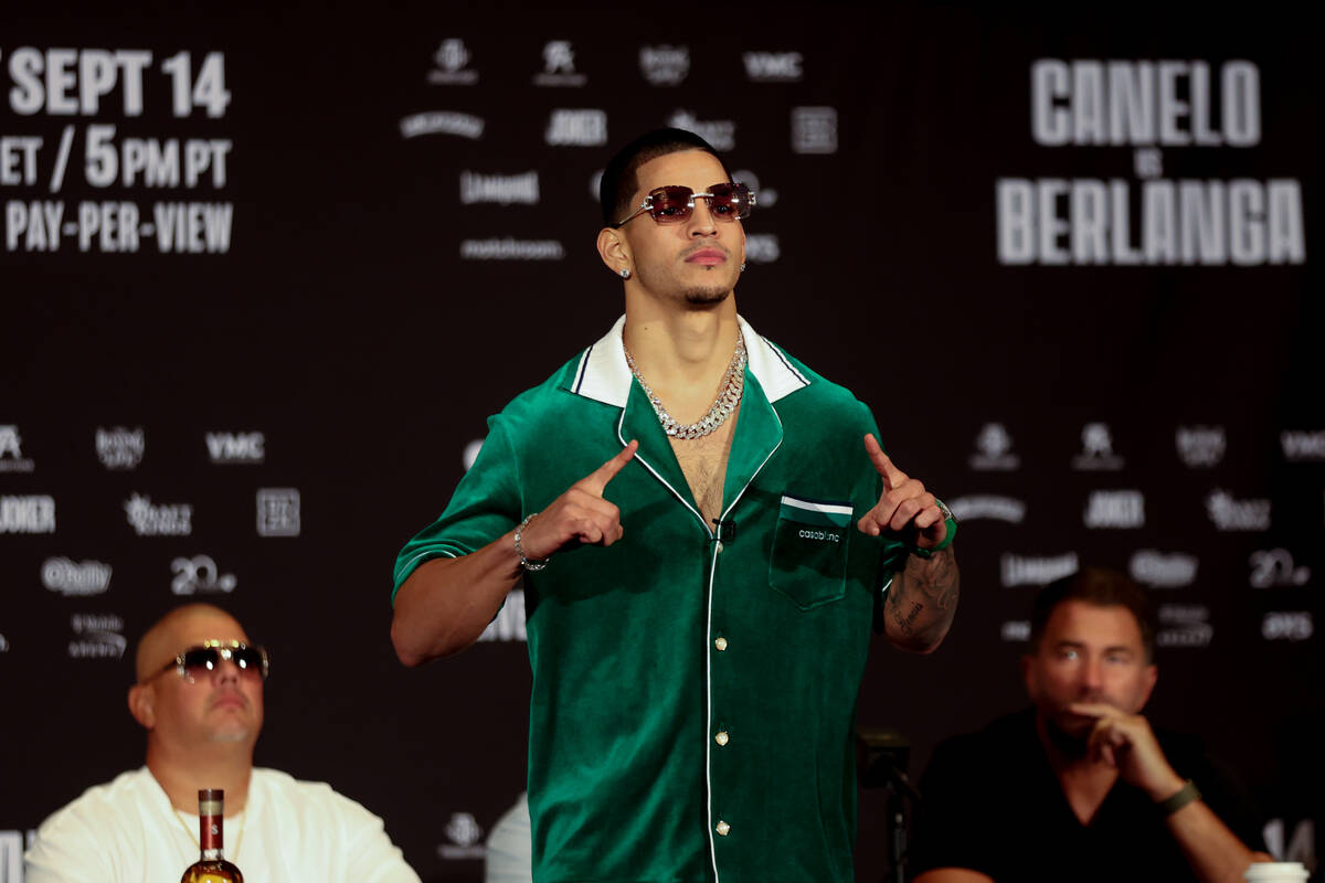 Edgar Berlanga poses during a press conference ahead of his a super middleweight title boxing b ...