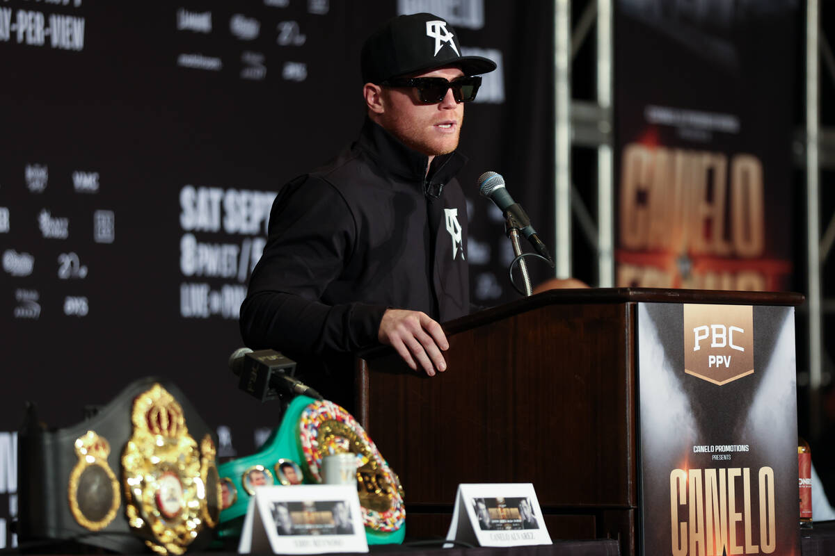 Canelo Alvarez speaks during a press conference ahead of his super middleweight title boxing bo ...