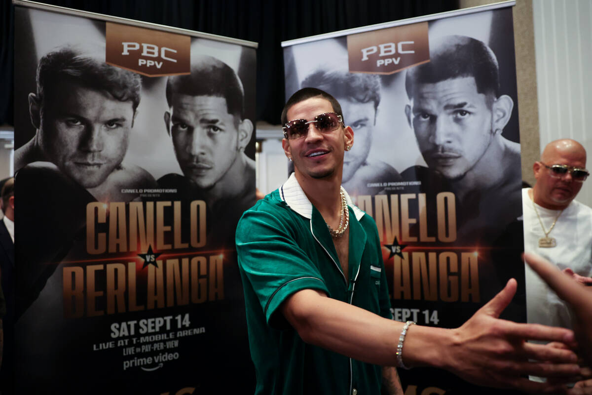 Edgar Berlanga greets reporters during a press conference ahead of his super middleweight title ...