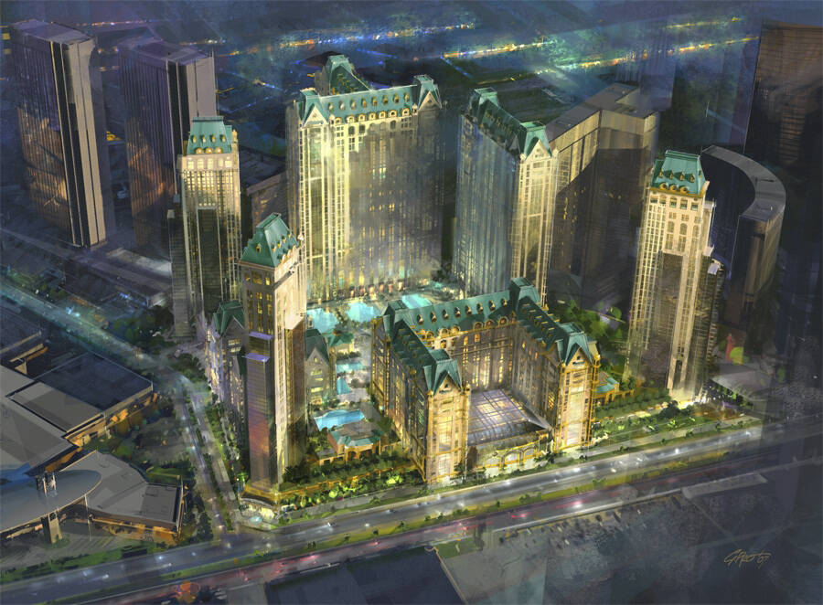 A artist's rendering shows the proposed Plaza hotel-casino that was slated to be built on the s ...