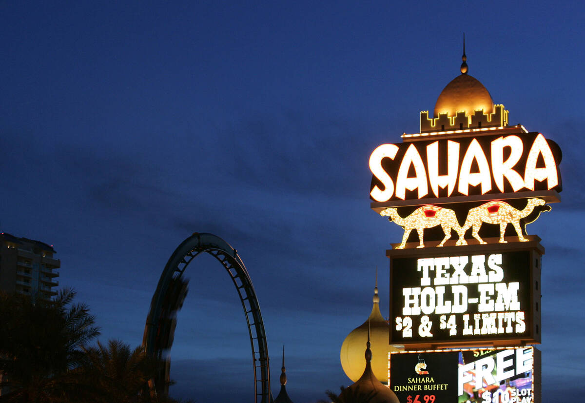 The Sahara hotel-casino sign and the resort's rollercoaster, Speed-The Ride, are shown Friday, ...