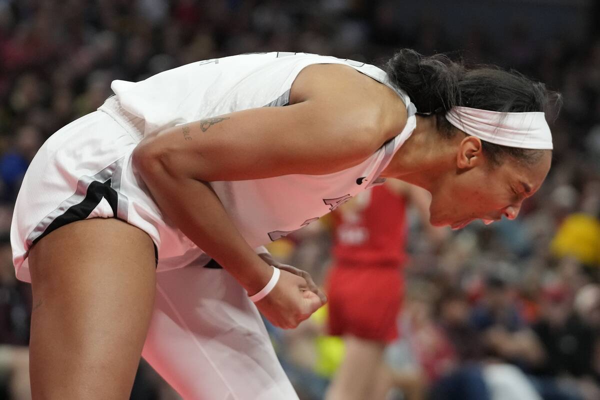 Las Vegas Aces' A'ja Wilson reacts after missing a shot during the second half of a WNBA basket ...