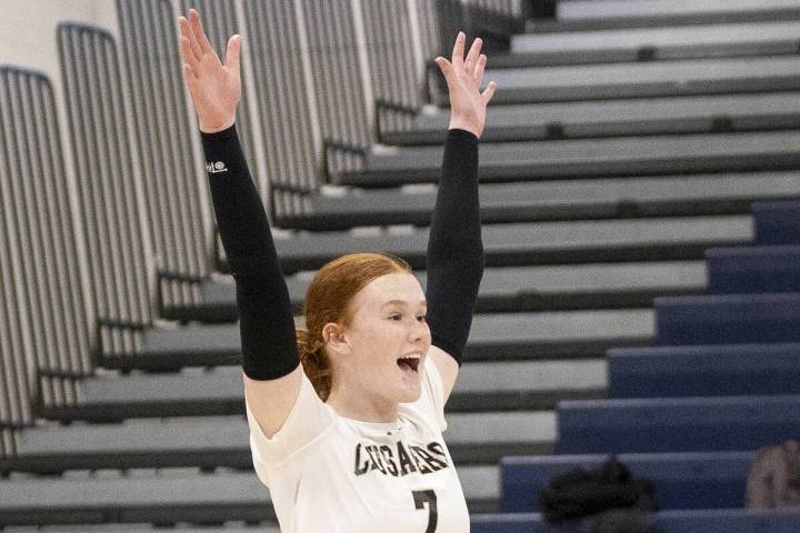 Faith Lutheran junior Parker LaFontaine (7) reacts after gaining a point during the high school ...