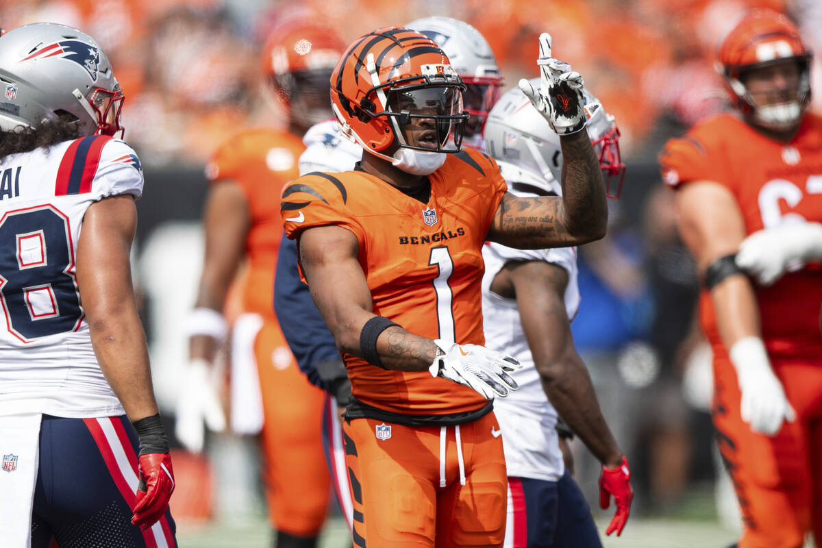 Cincinnati Bengals wide receiver Ja'Marr Chase (1) celebrates after carrying the ball in the se ...