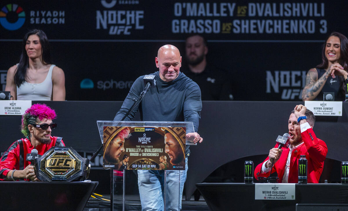 Merab Dvalishvili, right, speaks about his fight with Sean O'Malley, left, for their Bantamweig ...