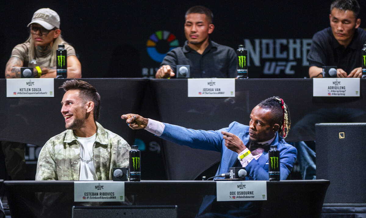 Fighter Ode Osbourne shoots an imaginary gun at his opponent during the UFC 306 press conferenc ...