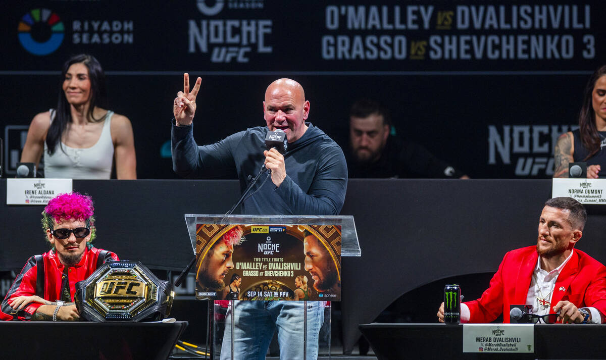 Dana White talks to the fans during the UFC 306 press conference at the Sphere on Thursday, Sep ...