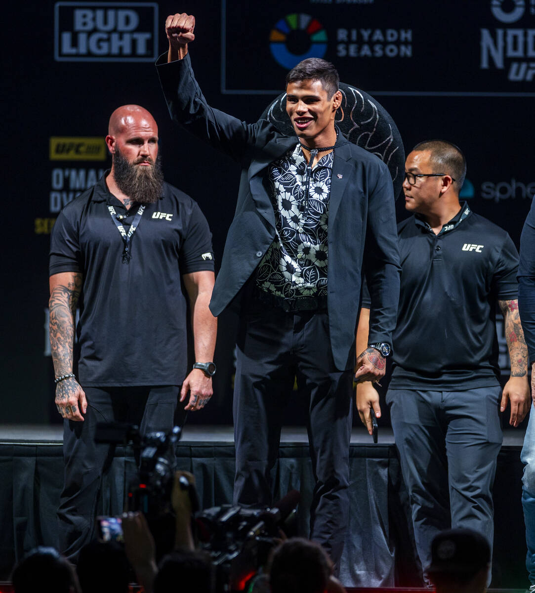 Fighter Daniel Zellhuber salutes his fans after a face off with his opponent during the UFC 306 ...