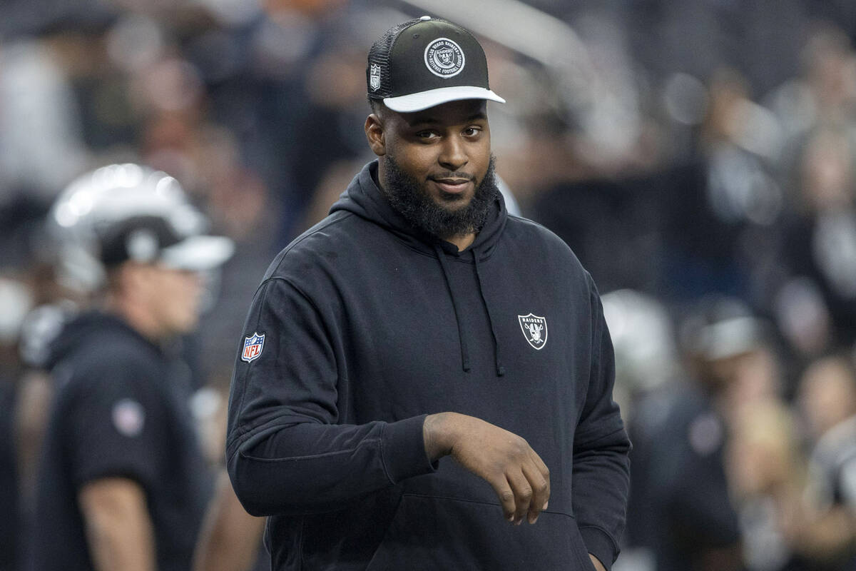 Raiders offensive tackle Thayer Munford Jr. walks on the field before an NFL game against the D ...