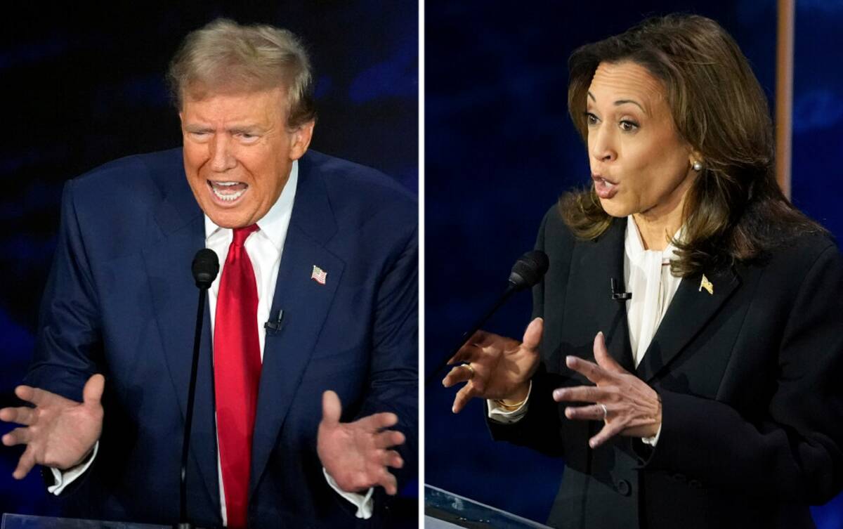 This combination of photos shows former President Donald Trump, left, and Vice President Kamala ...