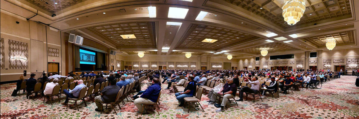 An iPhone panoramic image shows a full conference room during the Athletic's stadium constructi ...