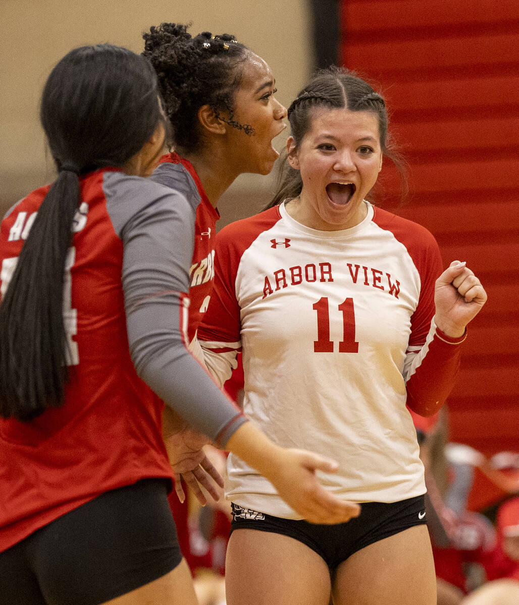 Arbor View junior Cameron Reese (2) and junior Lauryn Brenner (11) celebrate a point during the ...