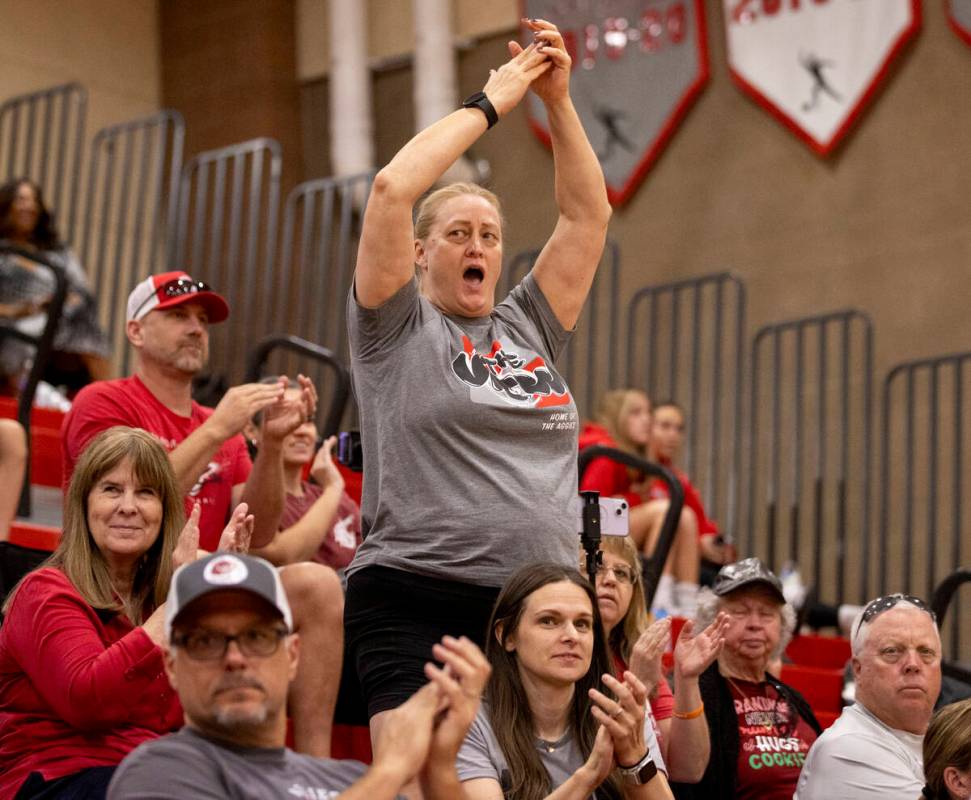 Arbor View fans celebrate a point during the high school volleyball game against Liberty at Arb ...