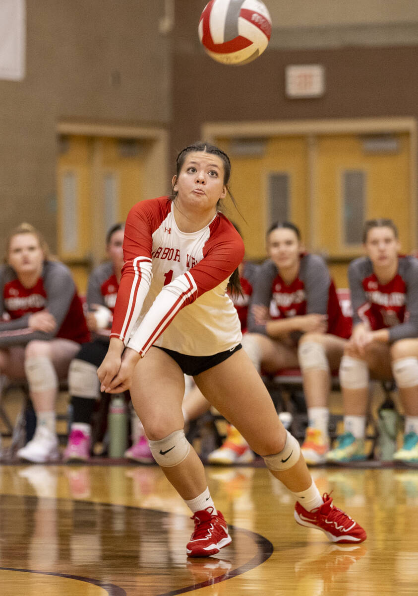 Arbor View junior Lauryn Brenner (11) competes during the high school volleyball game against L ...